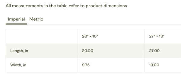 Screenshot image of a size chart for the product (Imperial sizing) described.